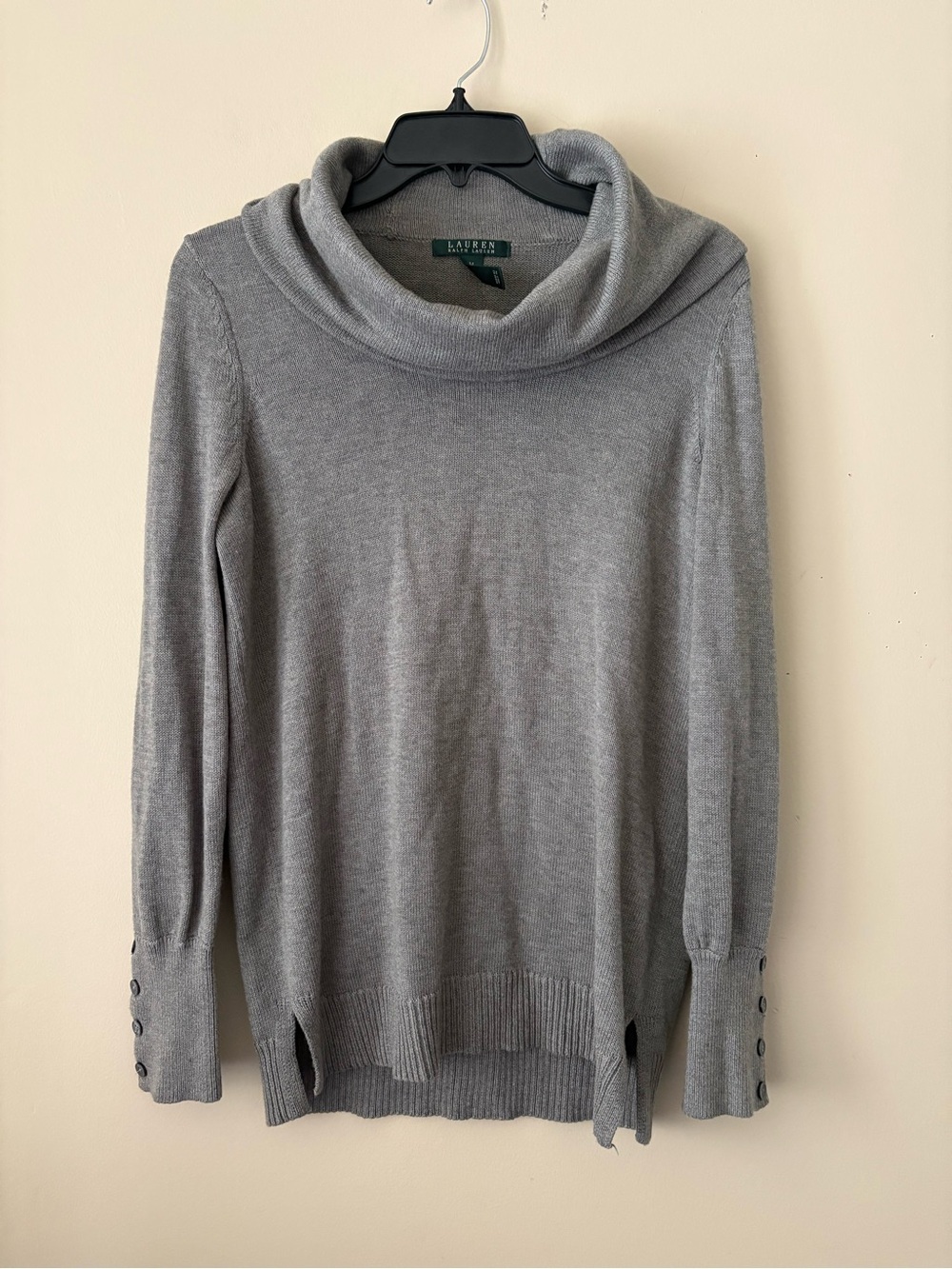 Lauren Ralph Lauren Light Gray Cowlneck Sweater with Button Cuffs Sz. M